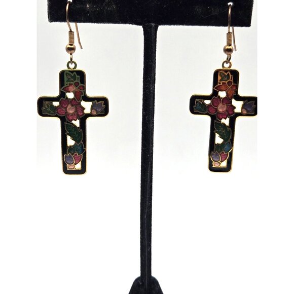 Vintage Black Floral Cloisonné Hook Cross Earrings 2 inches - Picture 4 of 6